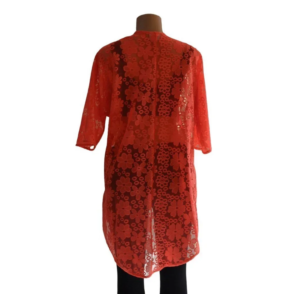 LuLaRoe Lindsay Kimono Neon Orange Floral Lace, Light Cover Up Halloween Fall - Picture 4 of 8